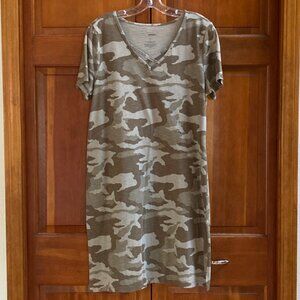 Camouflage T Shirt Dress with Criss Cross Neckline Detail - Size Large - Camo